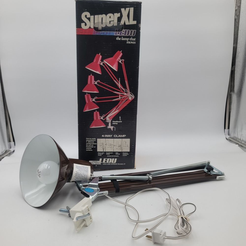 Vintage LEDU Super XL Swing Arm Desk Lamp Brown 4-Way Clamp Sweden Made Boxed